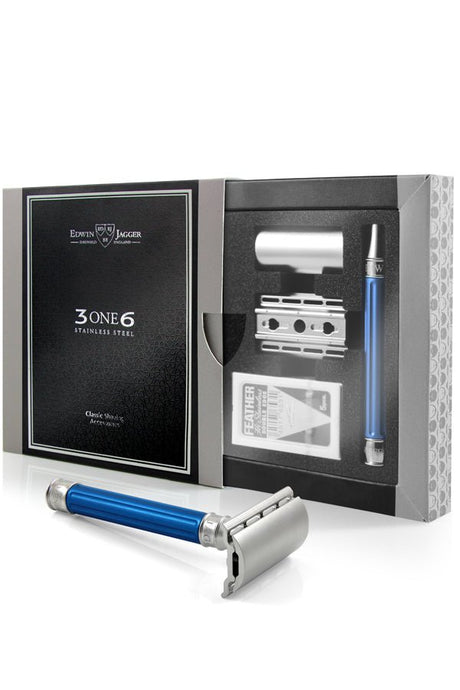 Edwin Jagger 3ONE6 double edge safety razor Blue RVS - Manandshaving - Edwin Jagger 3ONE6